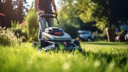 Man mows the grass with hand electric lawn mowerの素材