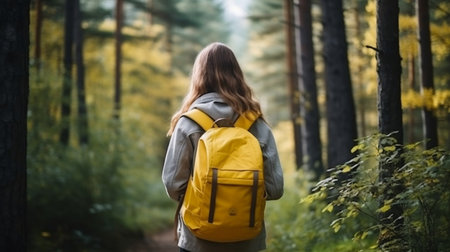 Solo traveling woman hiking in forest in summer (rear view) .の素材