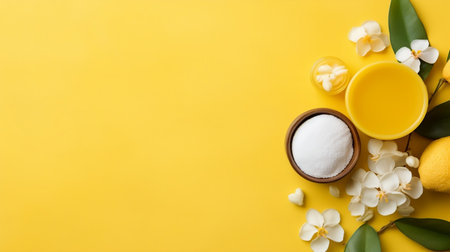 Spa wellness yellow background: Flat lay top viewの素材