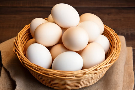 White fresh raw chicken egg rotation in basketの素材