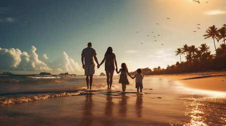 Parents with kid on beach.の素材