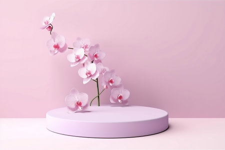 Elegant Orchid Flowers on 3D Background Pedestal. Generative AIの素材