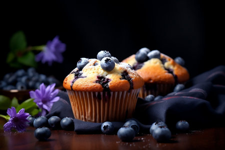 Delicious Blueberry Muffins with Fresh Blueberries on a Table. Generative AIの素材