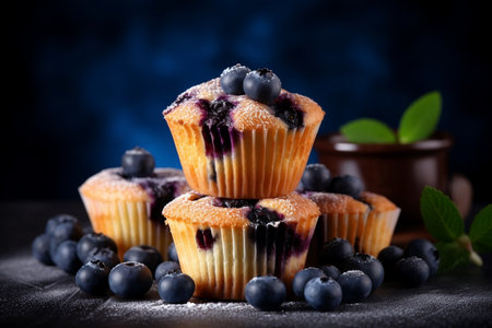 Delicious Blueberry Muffins with Fresh Blueberries on a Table. Generative AIの素材