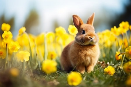 Adorable Bunny on Green Spring Meadow. Generative AIの素材