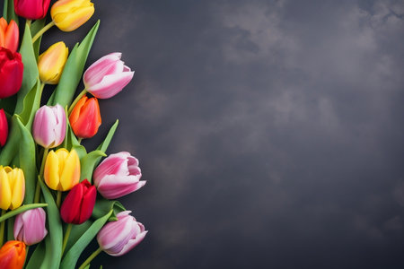 Vibrant Tulip Flowers on Dark Concrete Background. Generative AIの素材