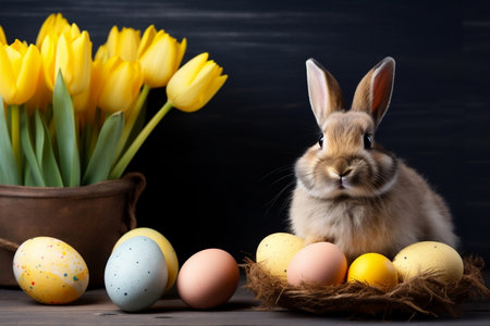 Easter Bunny with Yellow Tulips and Painted Flowers. Generative AIの素材