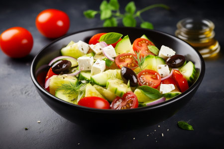 Fresh Greek Salad with Cherry Tomato, Cucumber, and Lettuce. Generative AIの素材