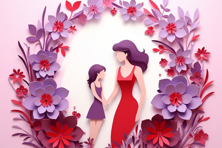Beautiful Papercut Mom and Child Happy Mother's Day Greeting Card. Generative AIの素材