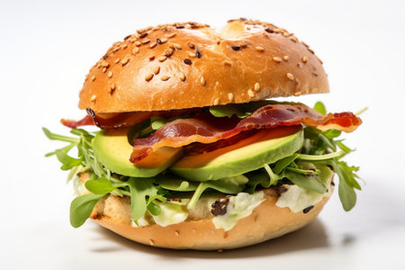 Delicious Bagel Bun with Bacon, Avocado, and Green Salad. Generative AIの素材