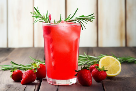 Delicious Strawberry Lemonade. Refreshing Red Drink with Ripe Berries. Generative AIの素材