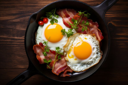 Classic English Breakfast with Fried Eggs and Bacon. Generative AIの素材