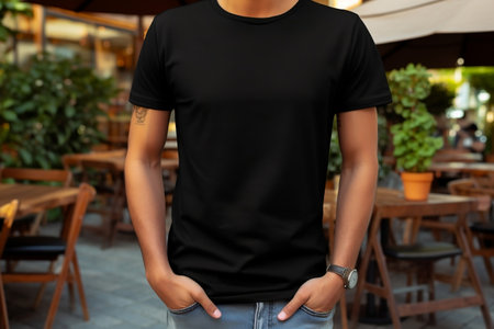 Stylish Young Man in Bella Canvas Black T-Shirt and Jeans. Generative AIの素材