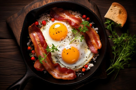 Classic English Breakfast with Fried Eggs and Bacon. Generative AIの素材