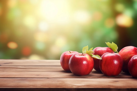 Wooden Table with Fresh Red Apples and Free Space. Generative AIの素材