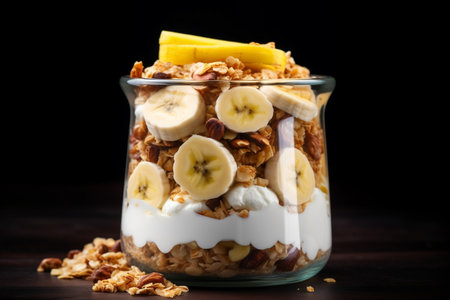 Delicious Yogurt Granola Parfait with Sliced Nuts and Fresh Berries. Generative AIの素材
