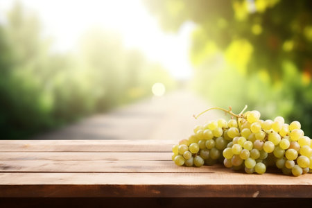 Wooden Table with Fresh White Grapes and Free Space. Generative AIの素材