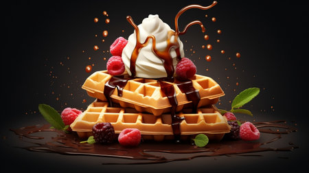 Delectable Delights 3D Illustration of Chocolate Sauce and Ice Cream Drizzled Wafflesの素材