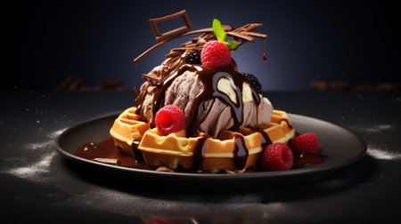 Delectable Delights 3D Illustration of Chocolate Sauce and Ice Cream Drizzled Wafflesの素材