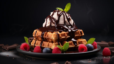 Delectable Delights 3D Illustration of Chocolate Sauce and Ice Cream Drizzled Wafflesの素材