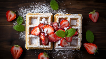 Sweeter Delights: Top View of Waffles with Powdered Sugar and Strawberries .Aiの素材