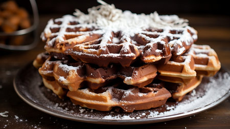 Decadent Delight: Waffles with Chocolate and Powdered Sugar .Aiの素材