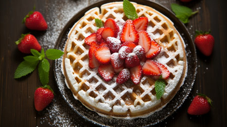 Sweeter Delights: Top View of Waffles with Powdered Sugar and Strawberries .Aiの素材