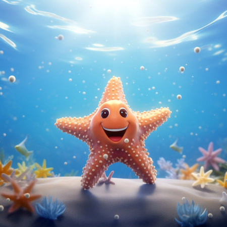Cute Starfish at the Bottom of the Sea - 3D Rendering Cartoon Illustration.の素材