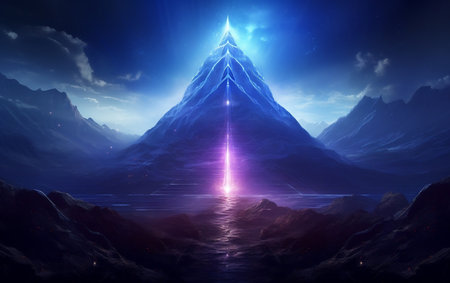 Ascending Luminescence Futuristic Mountain with Glowing Pathの素材