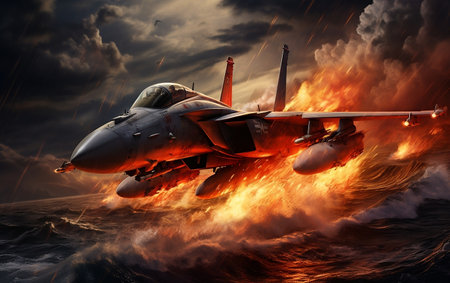 Fighter Jet on Fire Sinking in the Ocean.の素材