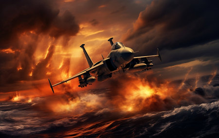 Fighter Jet on Fire Sinking in the Ocean.の素材