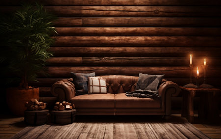 Rustic Charm Log Cabin Interior Home Mockupの素材