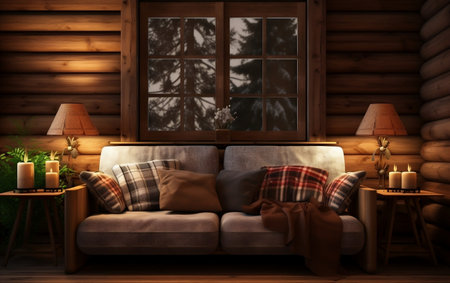 Cabin Coziness Home Mockup with Log Cabin Interiorの素材