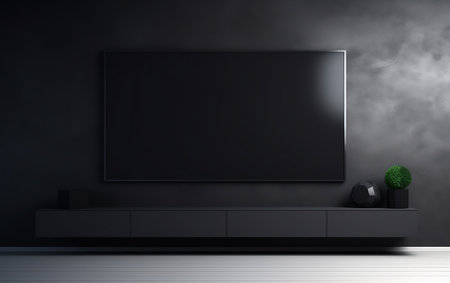 TV Wall Mounted in Dark Room with Black Backdropの素材