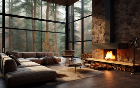 Cozy Cabin Vibes House Interior with Fireplace by the Forestの素材