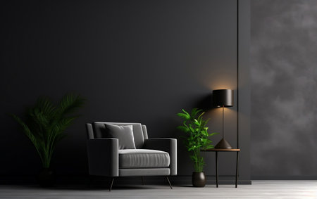 Cinematic Ambiance TV Mounted on Dark Wall with Black Backgroundの素材