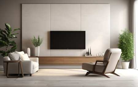 Modern Living Room with Armchair and Cabinet-Mounted TVの素材