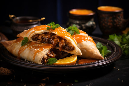 Savory Delights Syrian Shawarma Pies on Black Dishの素材