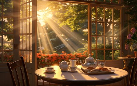 Morning Bliss: Sunlit Breakfast Nook with Coffee Aromaの素材