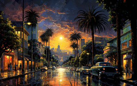 Urban Magic Sunset Drive on Boulevard with City Lightsの素材
