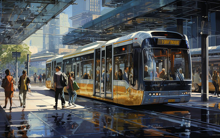 Scenes of Passengers and Buses in the Transit Centerの素材