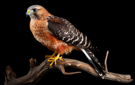Striking Marked Red Shouldered Hawk Perched Black Backgroundの素材