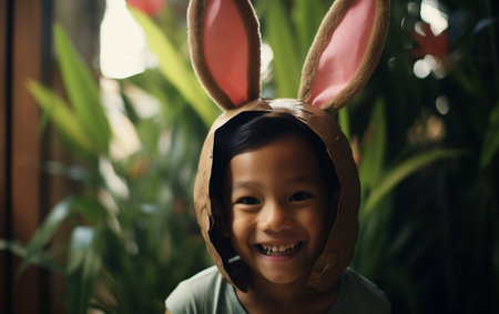 Easter Fun Asian Kid Boy in Bunny Earsの素材