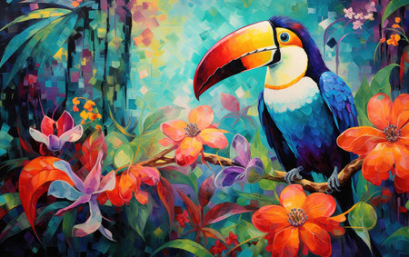 Exotic Wildlife in Lush Jungle Toucan Artworkの素材