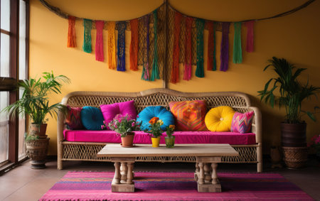 Boho Chic Charpai with Vibrant Colors and Artful Accentsの素材