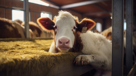 Calf in a stable, close-up. Selective focus.の素材