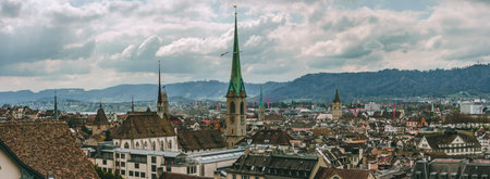 Zurich city Switzerland old town vista with church towers, rooftop aerial viewの写真素材