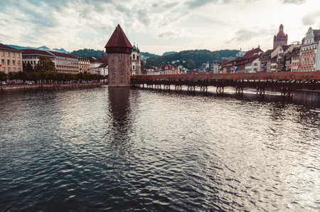 View of the Kappelbrucke wooden bridge and tower on a cloudy day - 2019の写真素材