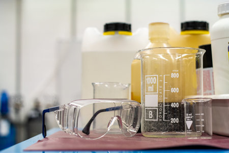 Clear plastic protection goggles next to empty glass and plastic containers in a science lab 2020