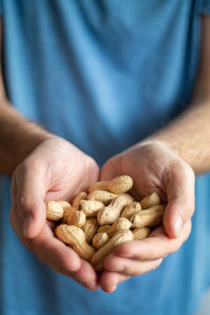 Caucasian male extended hands holding a bunch of peanuts in his palms isolated against blue shirt in the background 2020の写真素材